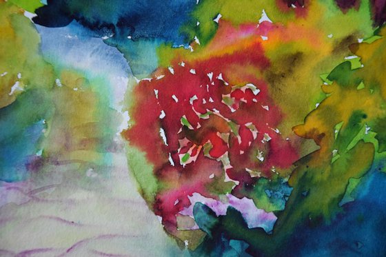 Blooming forest abstract landscape, original watercolor painting, Botanical garden