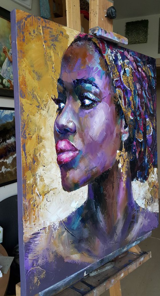 Portrait african woman, oil original painting on canvas