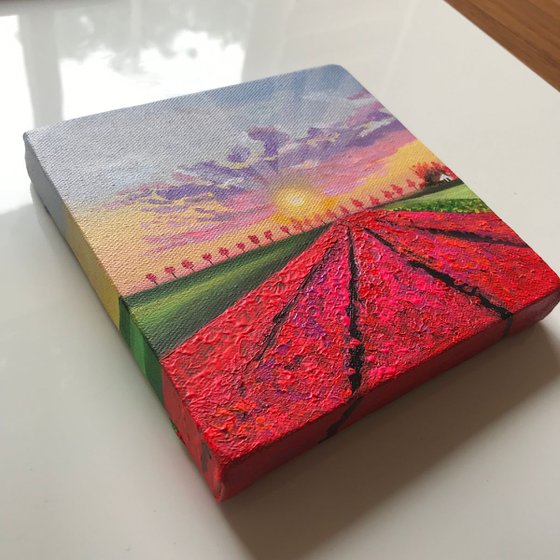 Sunset at tulip fields ! Small Painting!!  Ready to hang