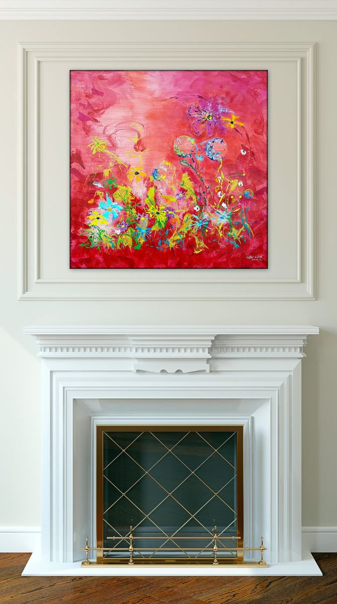 Organic Botanical Acrylic Painting By Heather W. Ernst, 36 X 36, Free Ship Us | Fleur De Feu, Original Artwork