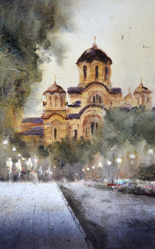 Cold Sunset at Tasmajdan and St Markos church Beograd 35x54cm 2024 by Nenad Kojić watercolorist