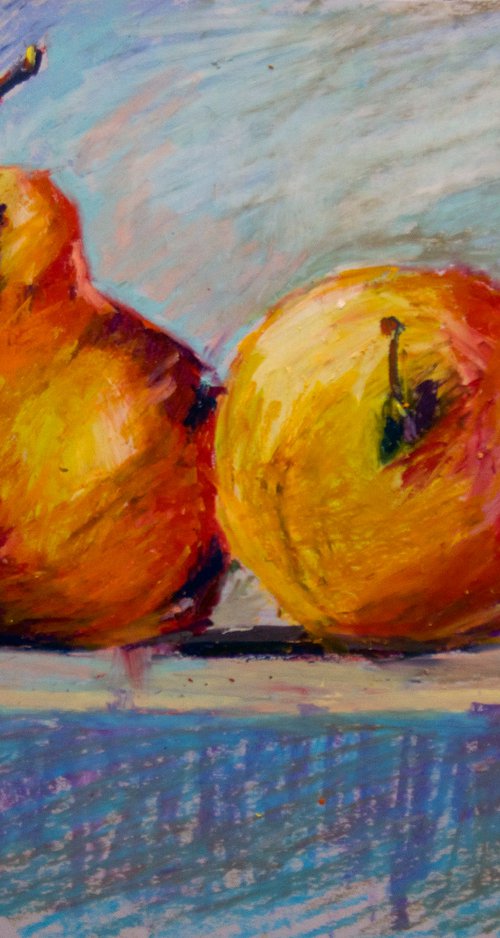 Still life with apple and pear. Home isolation series. Oil pastel painting. Small still life fruits interior decor gift spain shadow original impression by Sasha Romm
