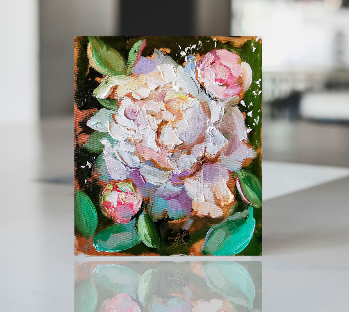 Flowers blossom Mini Boho Painting Textured Peony Miniature by Annet Loginova
