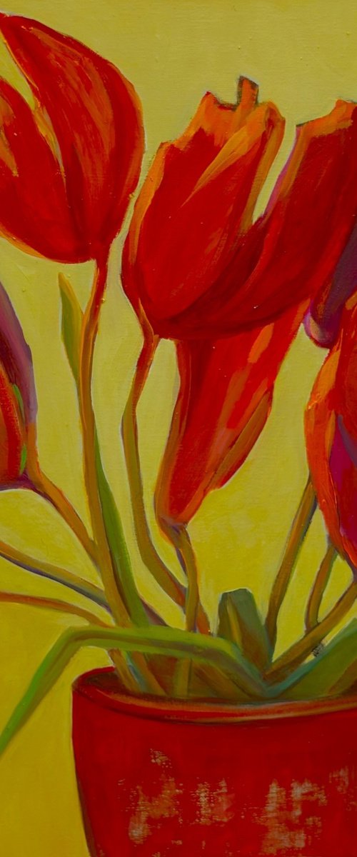 Tulips in a Red Pot. by Veta Barker