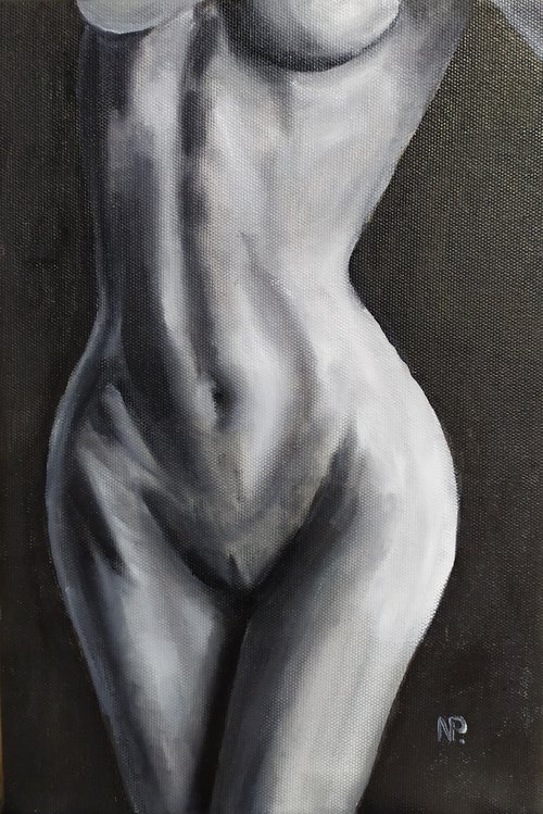 In his dreams, nude erotic girl woman gestural oil painting, art for home by Nataliia Plakhotnyk