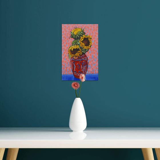 Three Sunflowers in a Red Vase