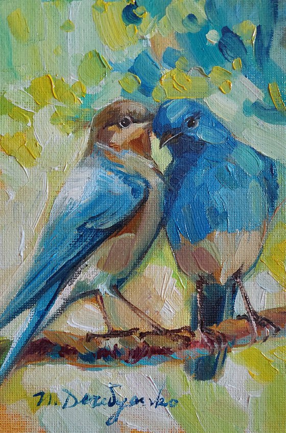 Two Bluebird painting original framed, Bluebird art oil illustration couple small artwork, Bird lovers gift