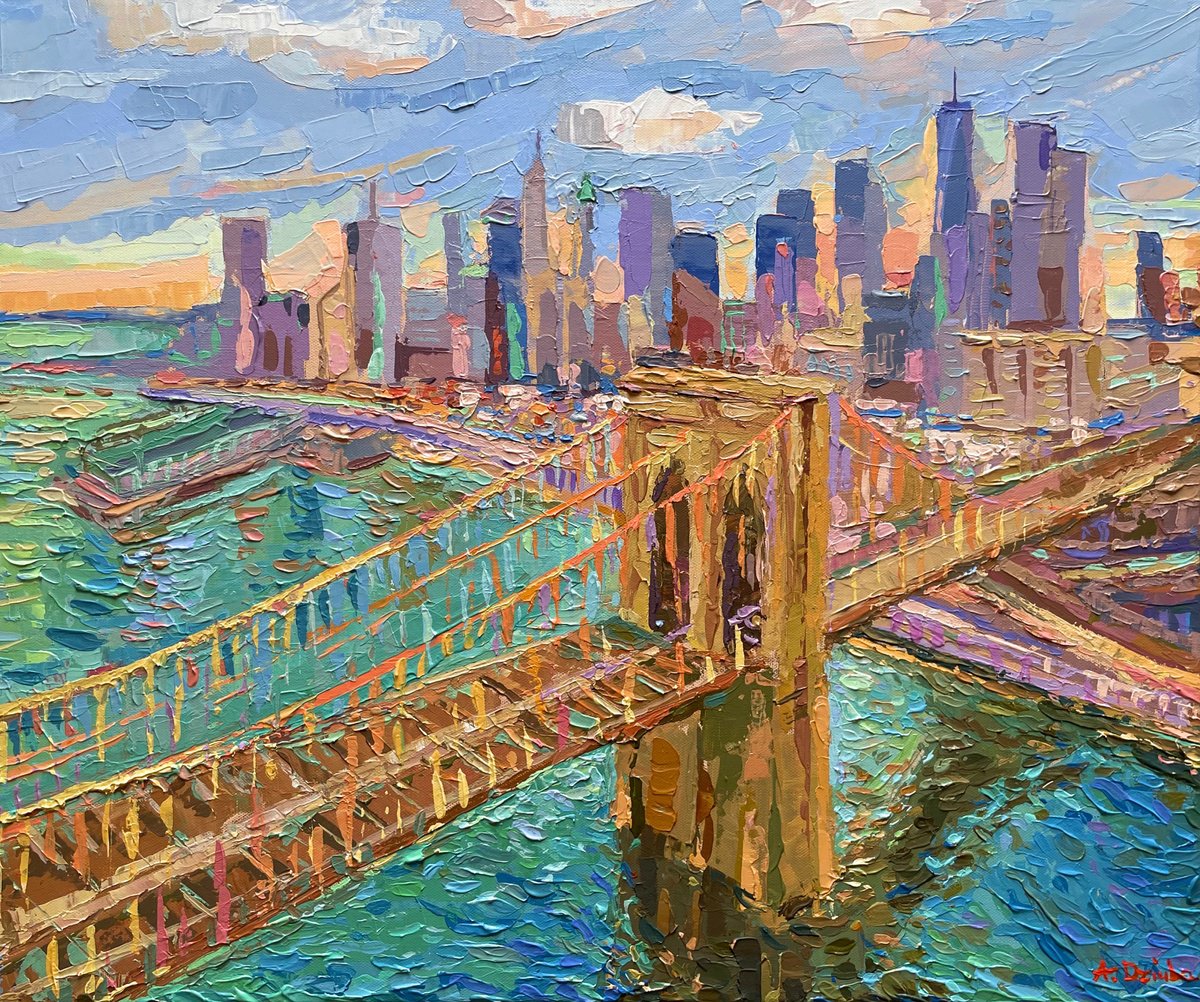 Impressionistic Cityscapes Acrylic Painting By Adriana Dziuba, 24 X 20, Brooklyn Bridge At Sunset Nyc, Original Artwork