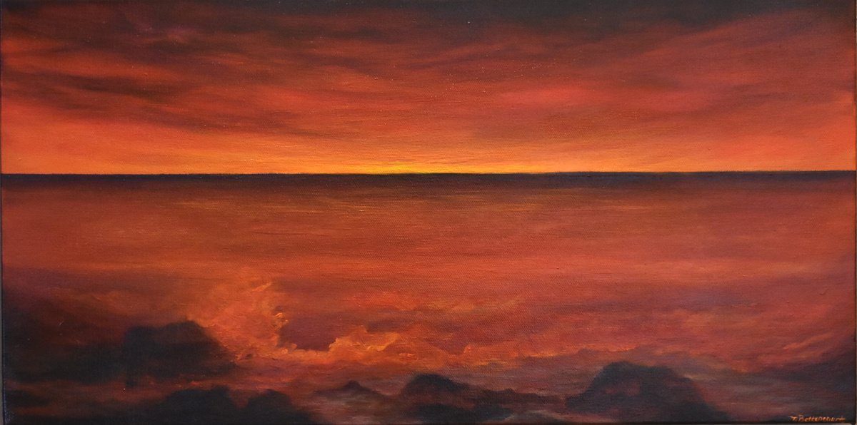 Impressionistic Landscape Acrylic Painting By Tamara Bettencourt, 24 X 12", Firey Seas, Original Artwork