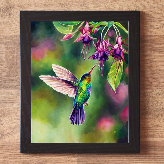 Hummingbird with fuchsia flowers Oil painting by Lucia Verdejo 