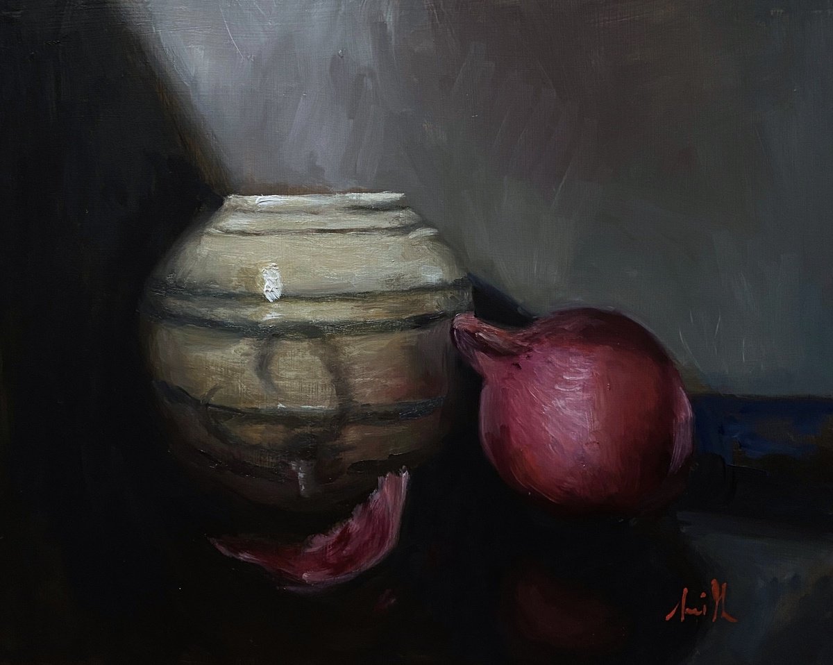 Impressionistic Still Life Oil Painting By Jackie Smith, 13 X 11, Korean Pot & Red Onions, Original Artwork
