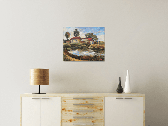 VILLAGE - bright colored rural landscape with women near the pond Christmas gift idea home décor