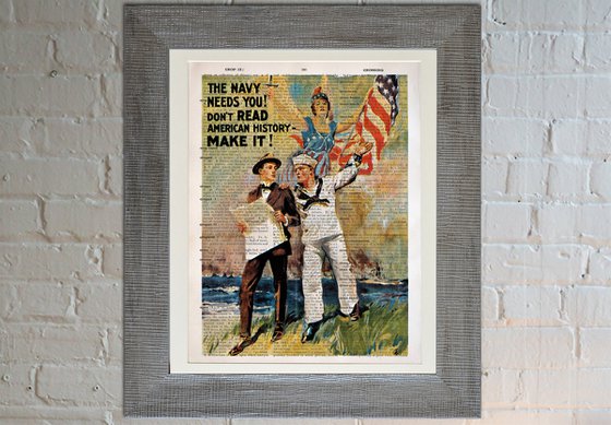 The Navy Needs You! - Collage Art Print on Large Real English Dictionary Vintage Book Page