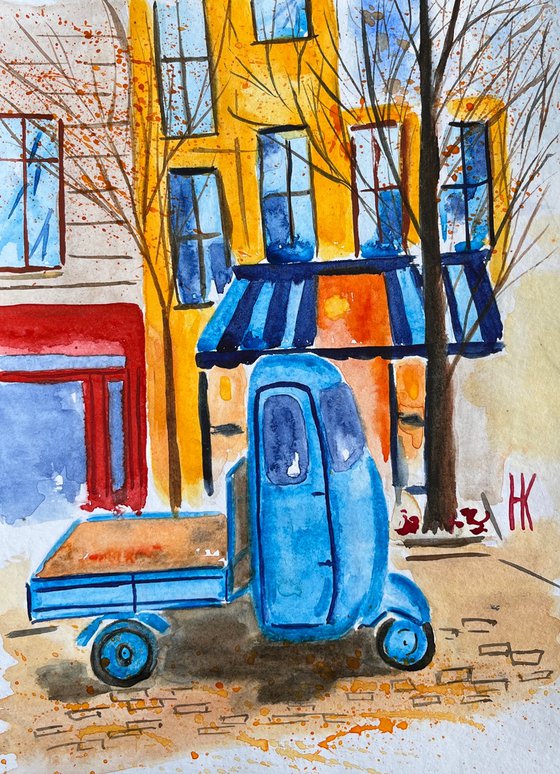 Car Painting Lorry Original Art Blue Truck Watercolor Artwork Cityscape Home Wall Art 8 by 12" by Halyna Kirichenko