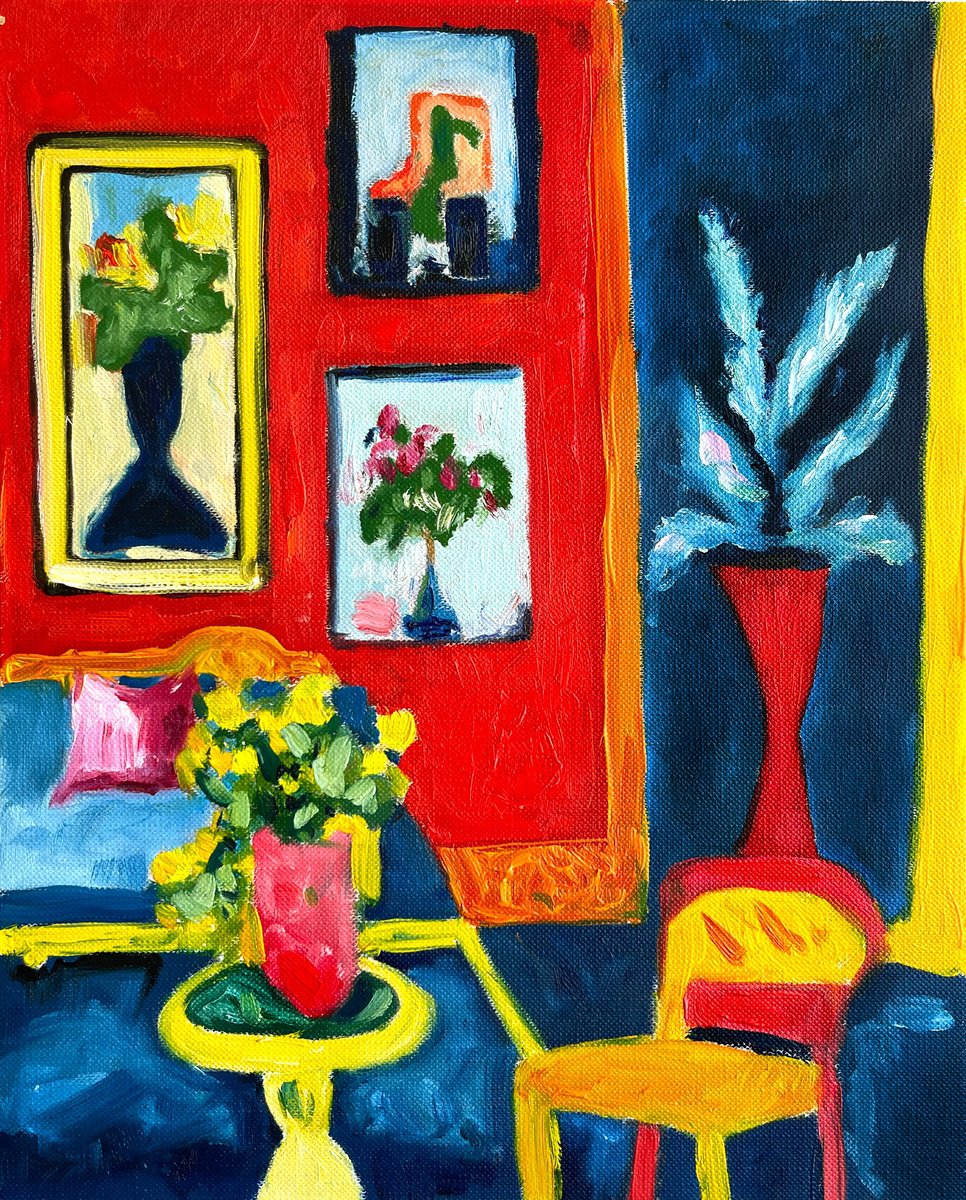 Red room with three paintings by Maiia Axton