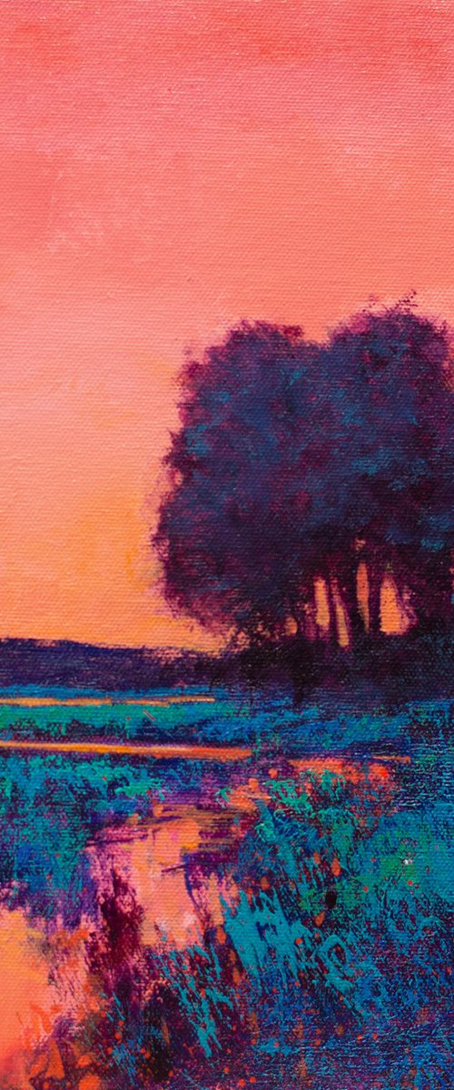 Glowing Sunset 221205, sunset landscape with field & trees by Don Bishop