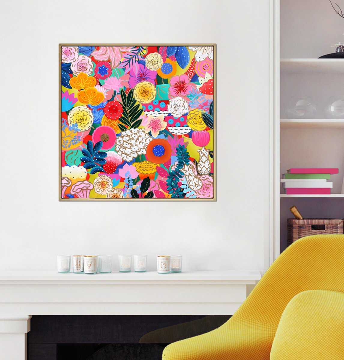 Organic Botanical Acrylic Painting By Martina Boycheva, 31 X 31", "Afternoon In The Flower Bed", Original Artwork