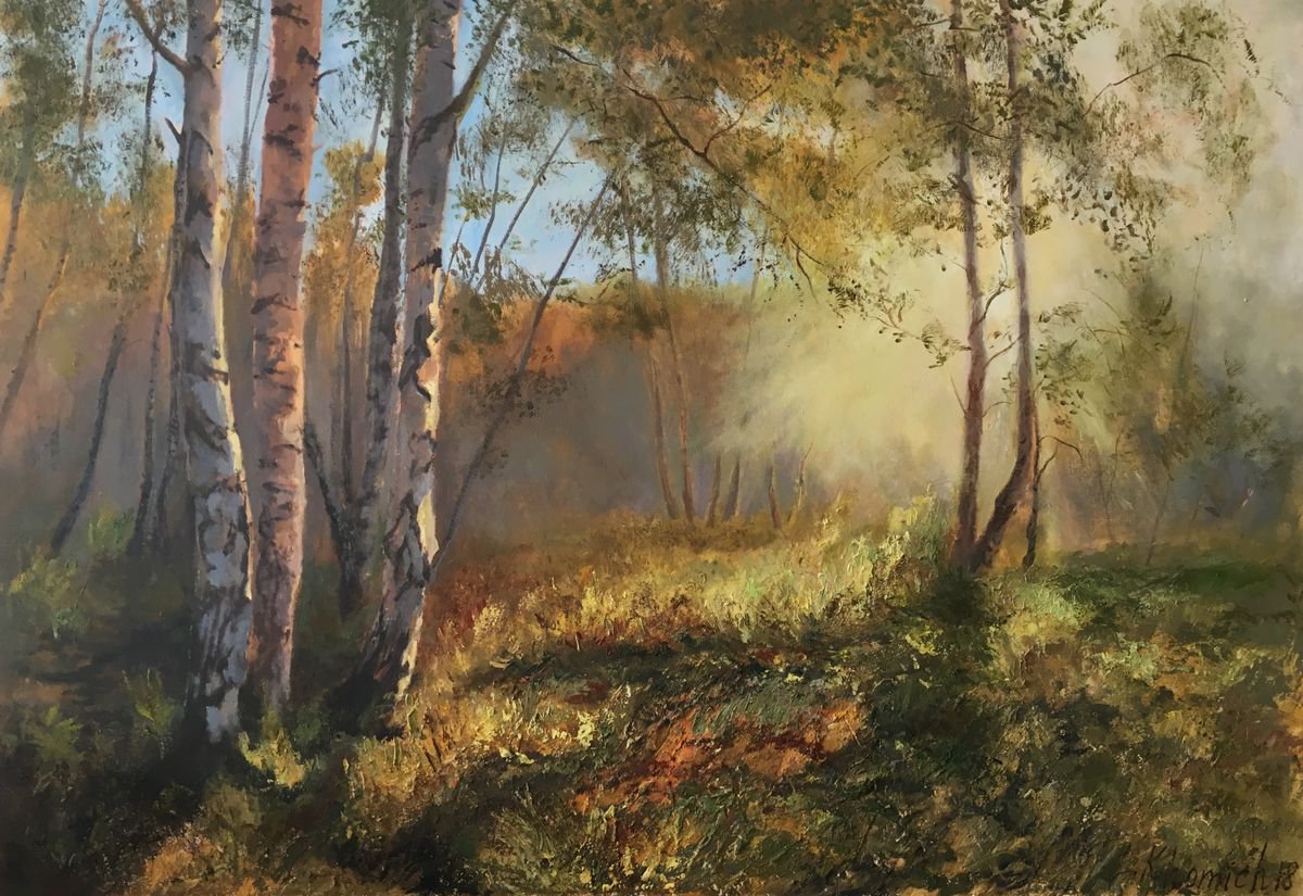 Impressionistic Landscape Oil Painting By Leo Khomich, 52 X 36", Autumn Landscape, Original Artwork