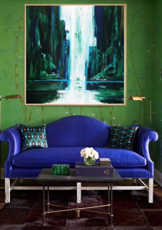 Deep forest waterfall- large size 100 x 100 cm (39 x 39 inches )-ready to hang