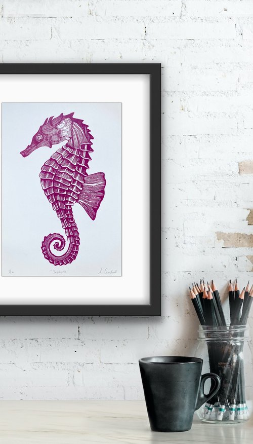 Pink Seahorse Linocut by Amy Cundall