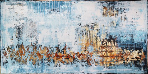 NORTHERN SKY * 63" x 31.5" * ACRYLIC PAINTING ON CANVAS * WHITE * BLUE * GOLD