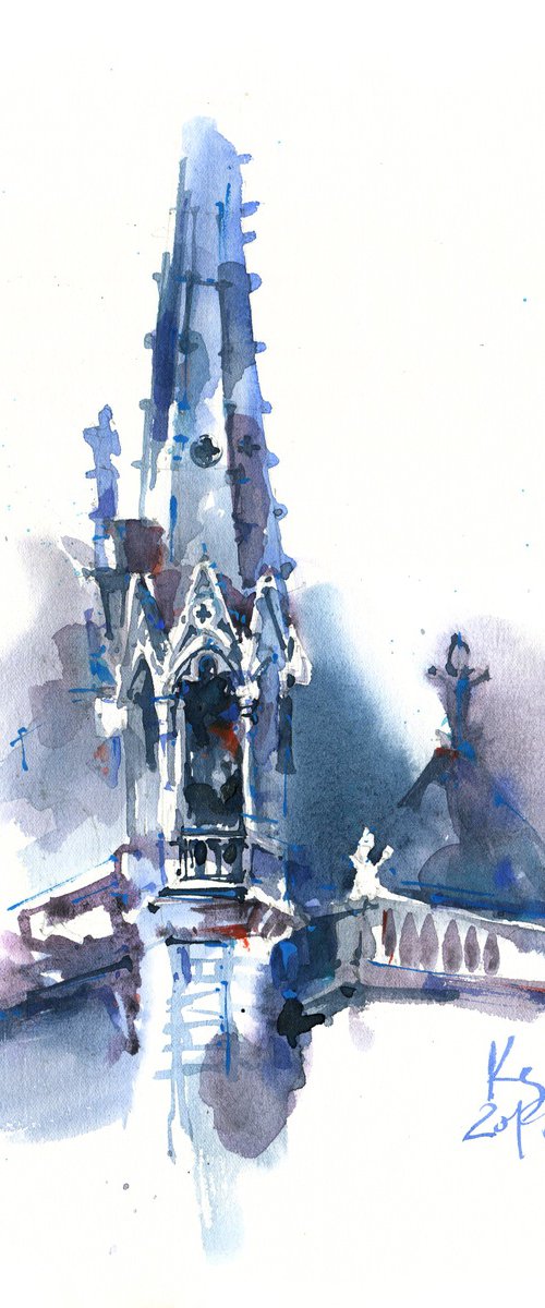 "The Gothic Tower of Notre Dame Cathedral" watercolour sketch by Ksenia Selianko
