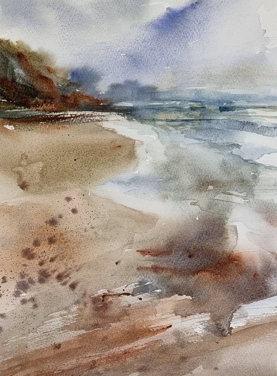 Impressionistic Landscape Watercolour By Elena Genkin, 9 X 13, Seascape With Beach And Mountains, Original Artwork