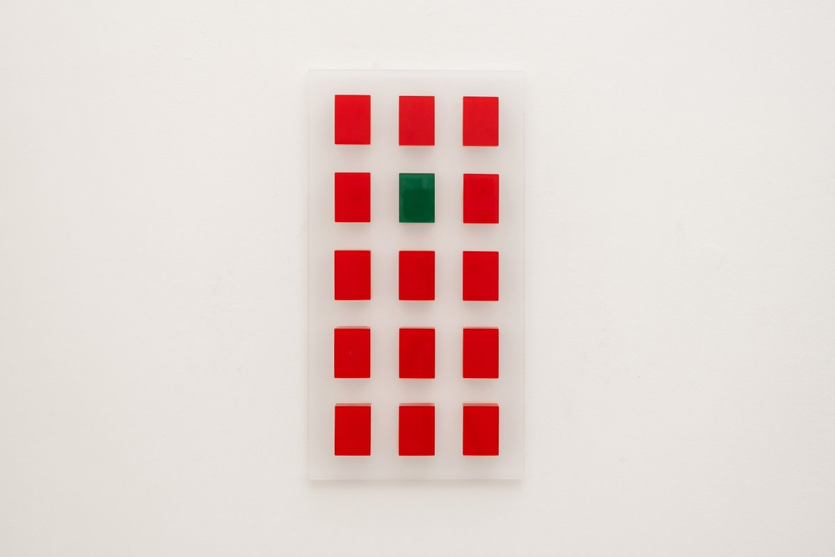 Abstract Sculpture By George Tilelis, 13 X 24, Geometrical Green In Red, Original Artwork