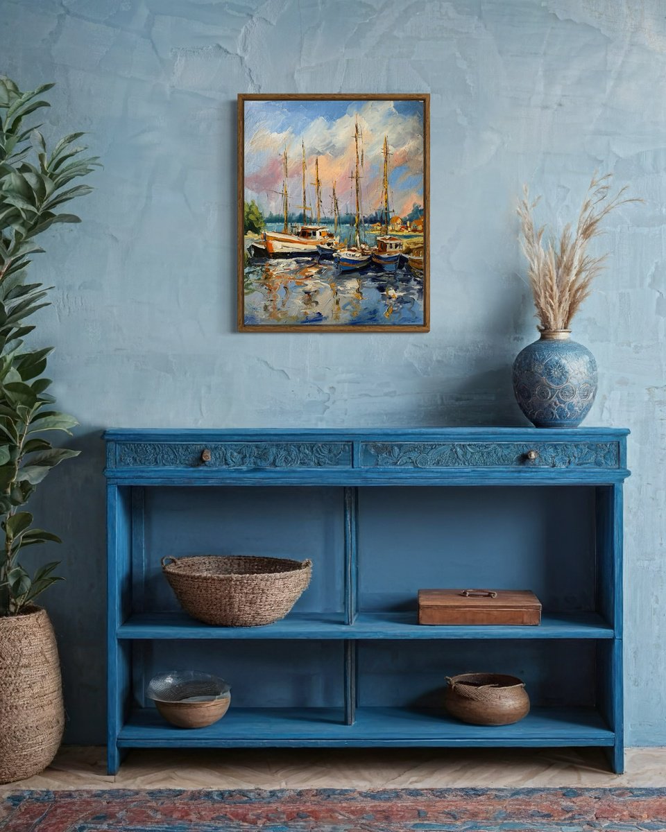 Impressionistic Landscape Oil Painting By Vita Schagen, 16 X 20", Sunset In Harbor With Yachts., Original Artwork