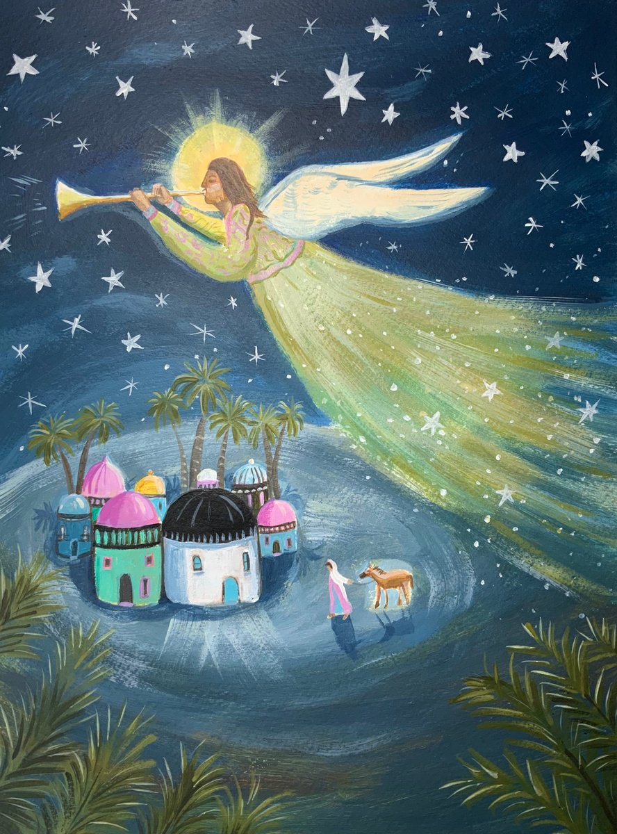 Illustrative Animal Acrylic Painting By Mary Stubberfield, 11 X 15", Herald Angel, Original Artwork