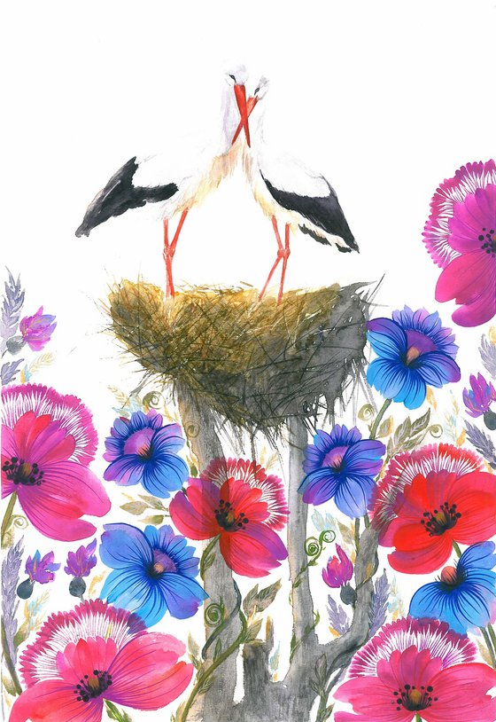 "Nest of Serenity"2, a pair of storks in a nest among a field of wild flowers on a sunny day