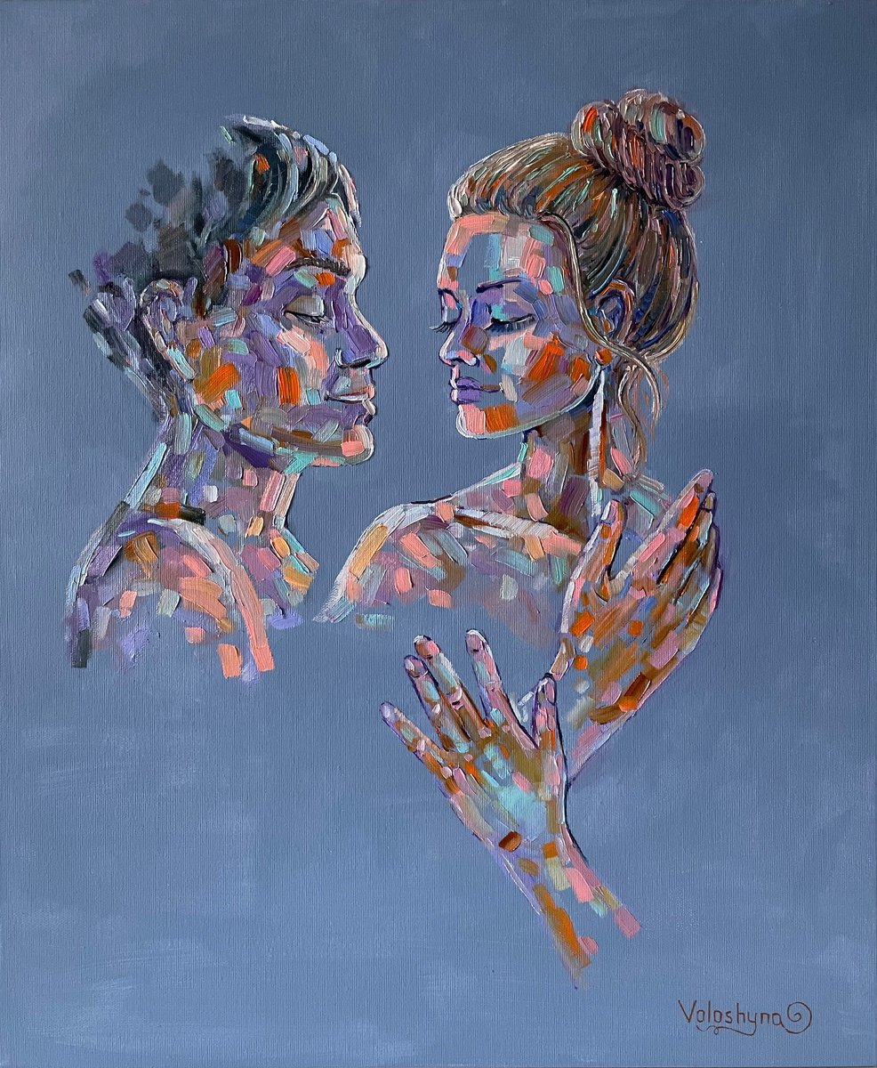 Impressionistic Portrait Oil Painting By Mary Voloshyna, 20 X 24", "A Moment Before The Kiss". Original Oil Painting, Artfinder