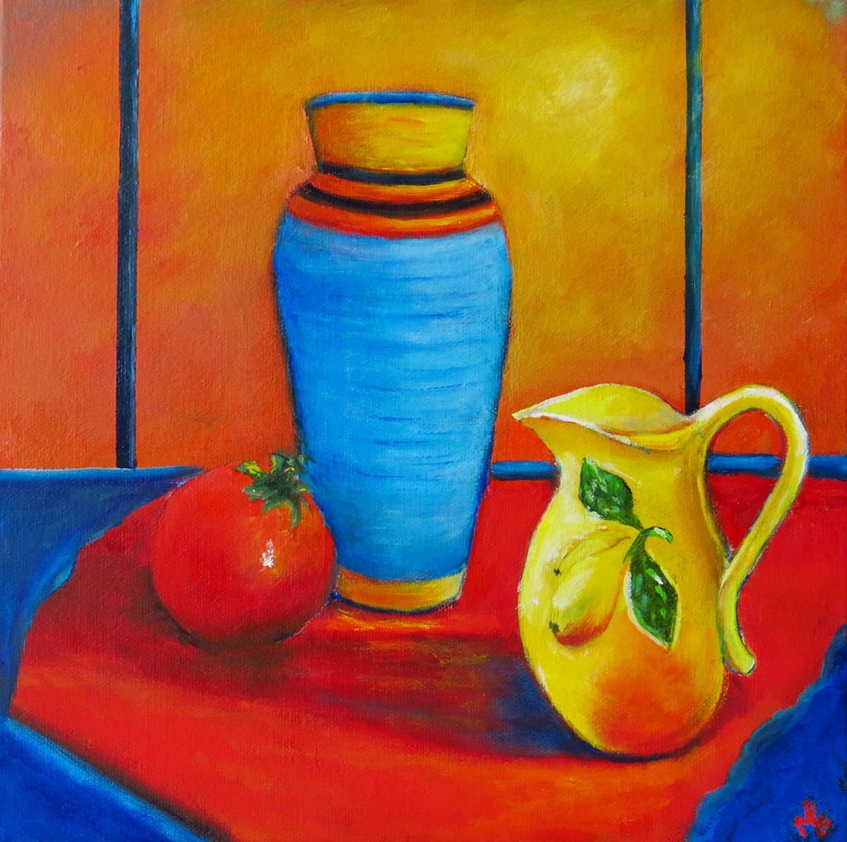 Impressionistic Still Life Oil Painting By Maureen Greenwood, 12 X 12", The Turquoise Vase, Original Artwork