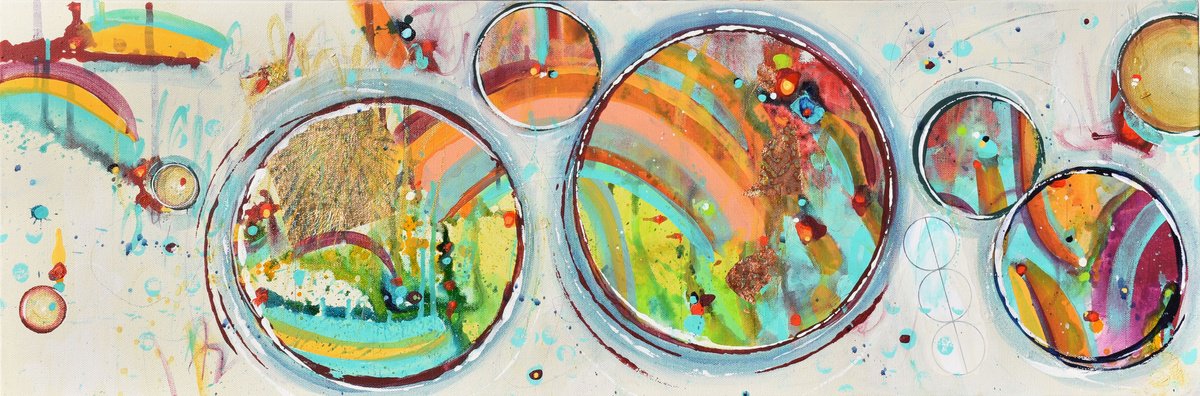 Abstract Landscape Painting By Cynthia Ligeros, 36 X 12, Chasing Rainbows, Original Artwork