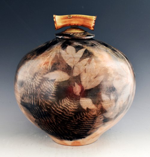 Sagger fired covered vessel urn B262 by Ron Mello