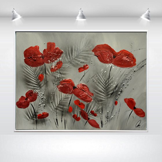 Red Blossoms II - framed abstract acrylic painting, deep structured, canvas wall art, black red flower painting ready to hang