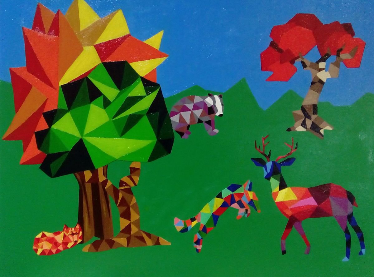 Geometric Abstract Oil Painting By Corinne Hamer, 32 X 24, Geometric Forest, Original Artwork