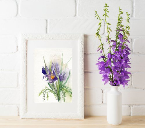 Watercolor original painting of violet flowers by Liliya Rodnikova