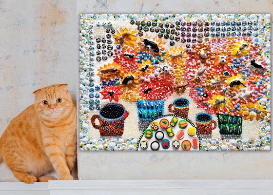Unusual still life with cats and dogs - Abstract still life with mosaic & glass. Naive art decorative wall sculpture
