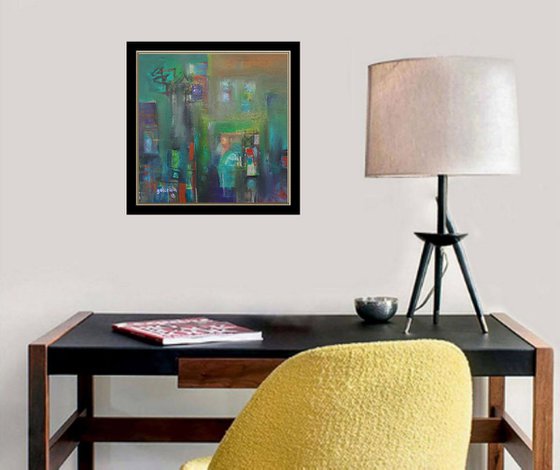 Urban Fog, Small Painting, Green Colors Home Art