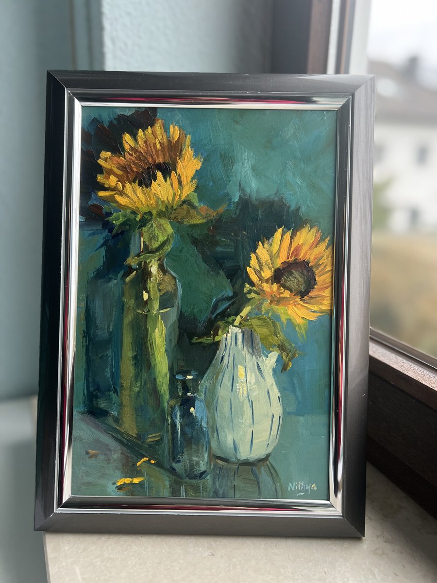 Expressive Still Life Oil Painting By Nithya Swaminathan, 10 X 14", Sunflowers On Deep Blue, Original Artwork