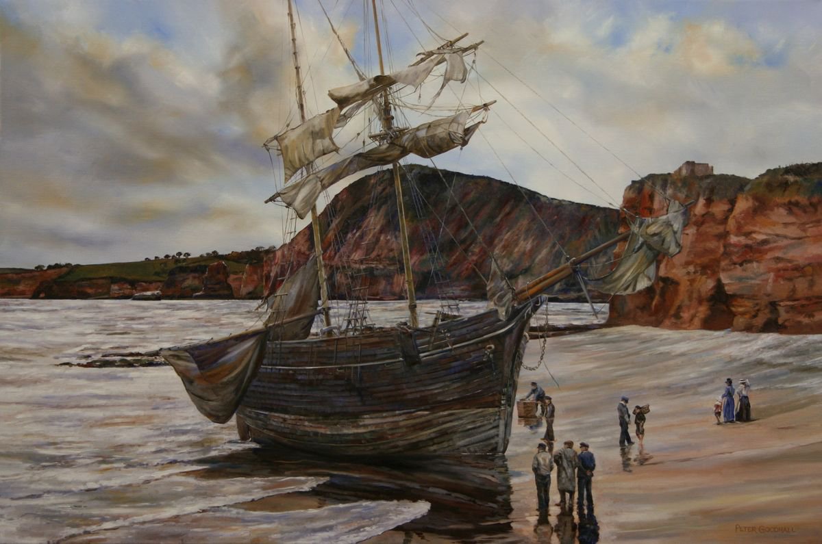 Impressionistic Landscape Oil Painting By Peter Goodhall, 43 X 31", Schooner Blown Ashore, Sidmouth 1863, Original Artwork