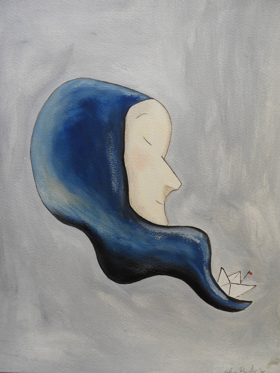 Illustrative Portrait Oil Painting By Silvia Beneforti, 12 X 17", Thinking About The Sea, Original Artwork