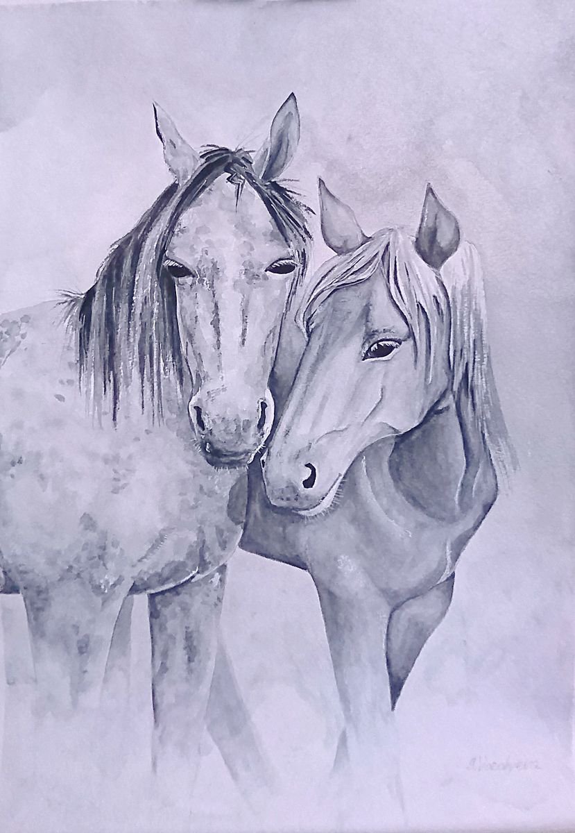 Horses. Monochrome watercolor painting. by Svetlana Vorobyeva