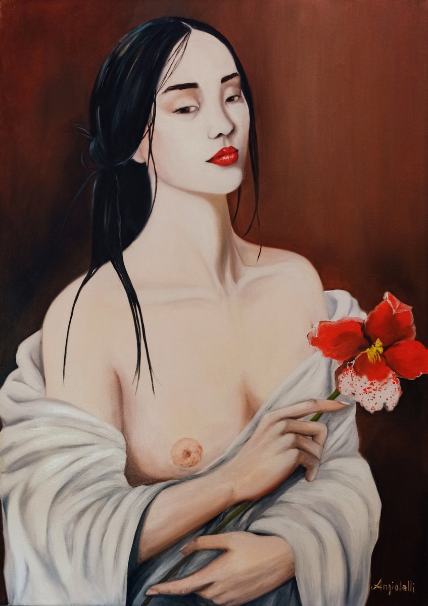 Photorealistic Portrait Oil Painting By Anna Rita Angiolelli, 20 X 28, Portrait With Orchid, Original Artwork