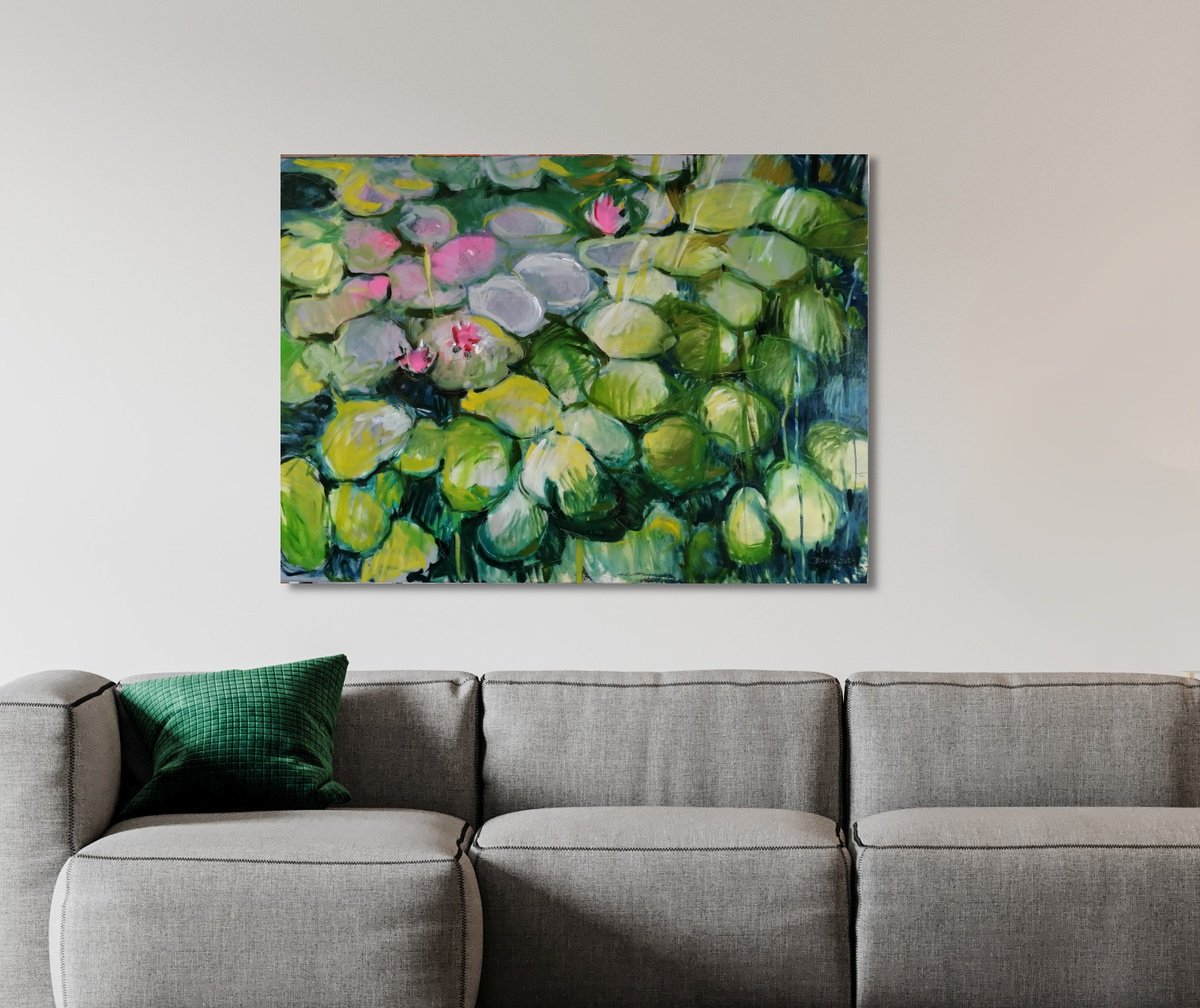 Impressionistic Botanical Oil Painting By Olga David, 55 X 39", Water Lily In Karin