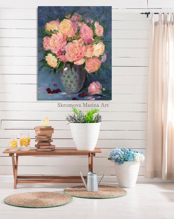 CORAL PEONIES IN A VASE - Still life. Delicate peonies. Unusual flowers. Blooming buds. Pastel shades. Luxurious. Peach.