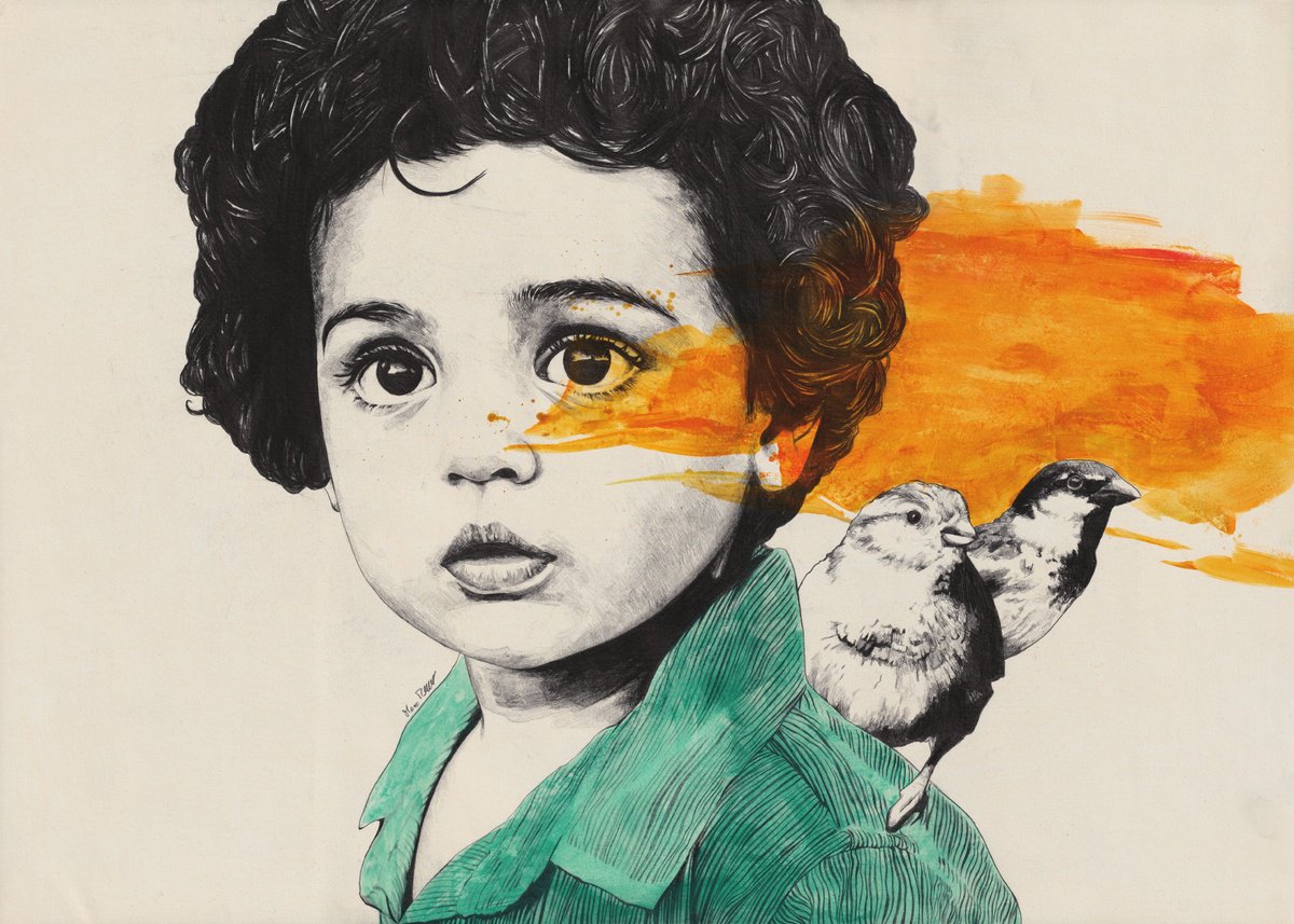 Spitting Black | little child with birds realistic portrait by Marco Paludet