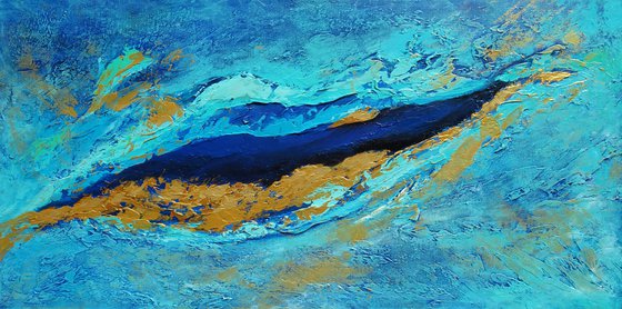 GOLDEN ORCA. Large Abstract Blue and Gold Contemporary Seascape, Ocean Waves Painting (61 x 122 cm). Modern Textured Art