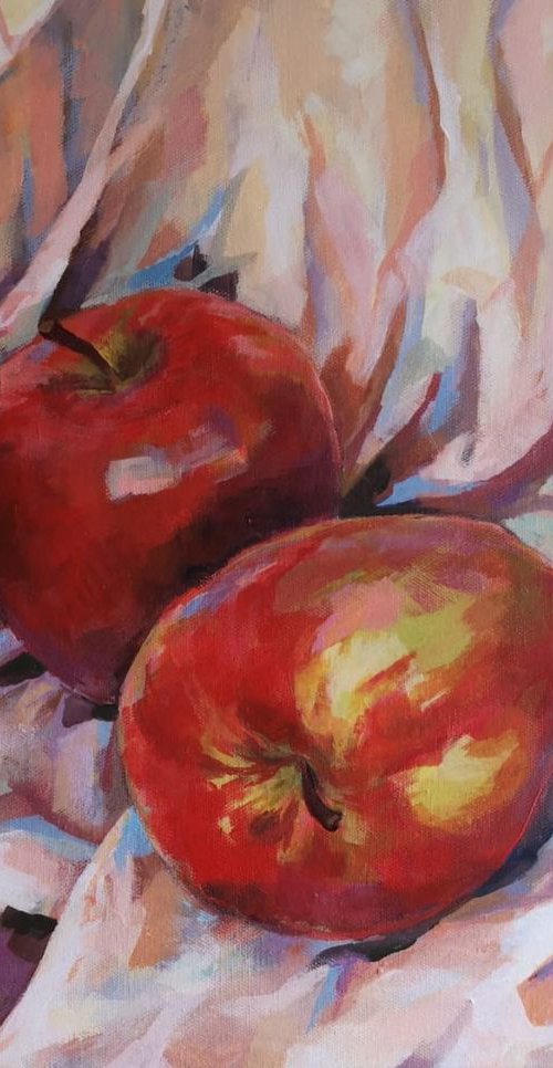 Still life with apples, original, one of a kind, acrylic on canvas impressionistic still life painting (16×20") by Alexander Koltakov